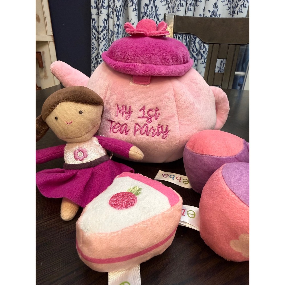 Ebba My 1st Tea Party Plush Playset Pink Teapot Doll Cups‎ Cake 5 Piece Set